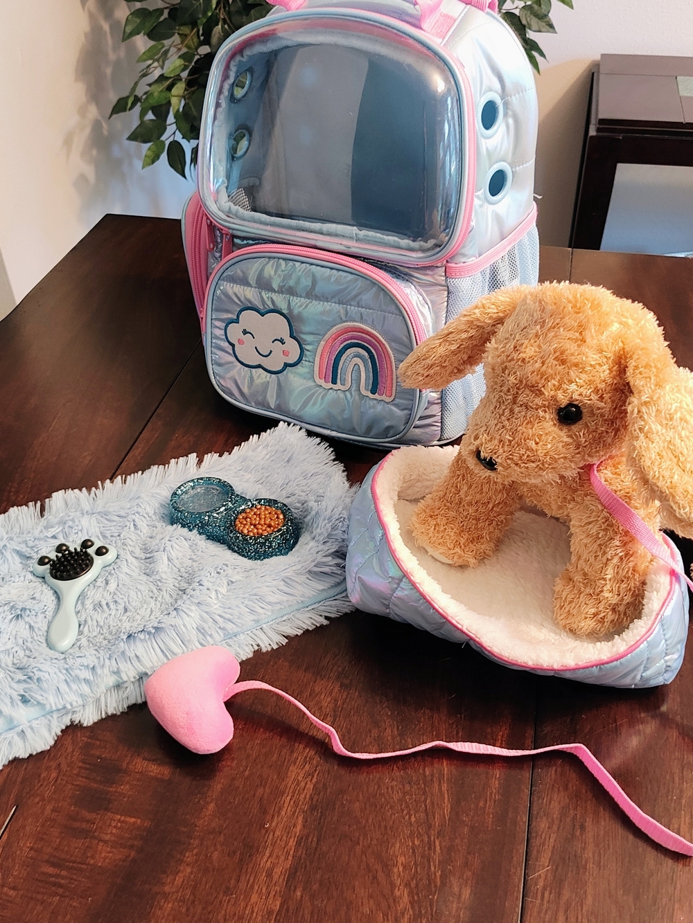 Kids Iridescent Pink & Light Blue Pet Carrier Backpack with Rainbow Patch